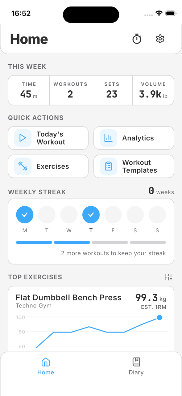 Chalk app home screen showing weekly stats, quick actions and streak