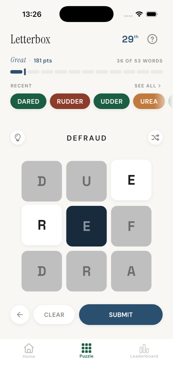 Letterbox puzzle screen with a 3 by 3 letter grid and recently found words